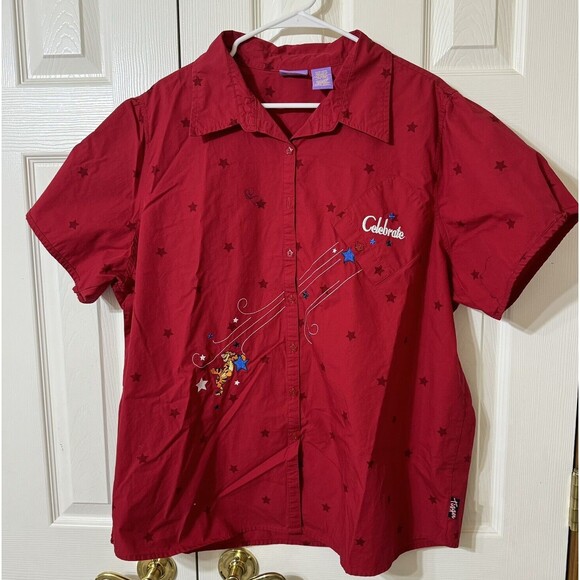 VTG Red Button Down Disney Pooh Tigger Shirt Embroidered Celebrate Stars 22W/24W - Picture 1 of 7